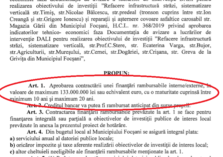 Primarul Misăilă vrea să îndatoreze Focșaniul cu 133 milioane lei