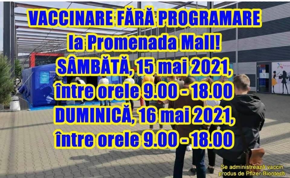 Noi vaccinări fără programare, cu serul Pfizer - Biontech, la Mall Focșani, în weekend