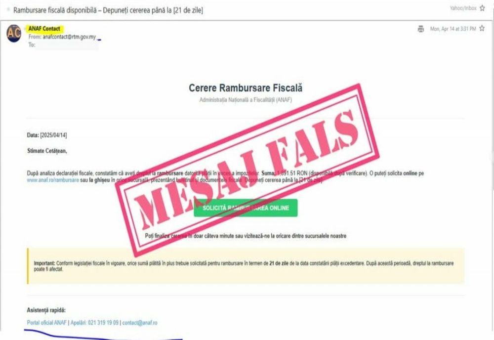 NOUĂ CAMPANIE DE MESAJE ÎNȘELĂTOARE ÎN NUMELE FISCULUI