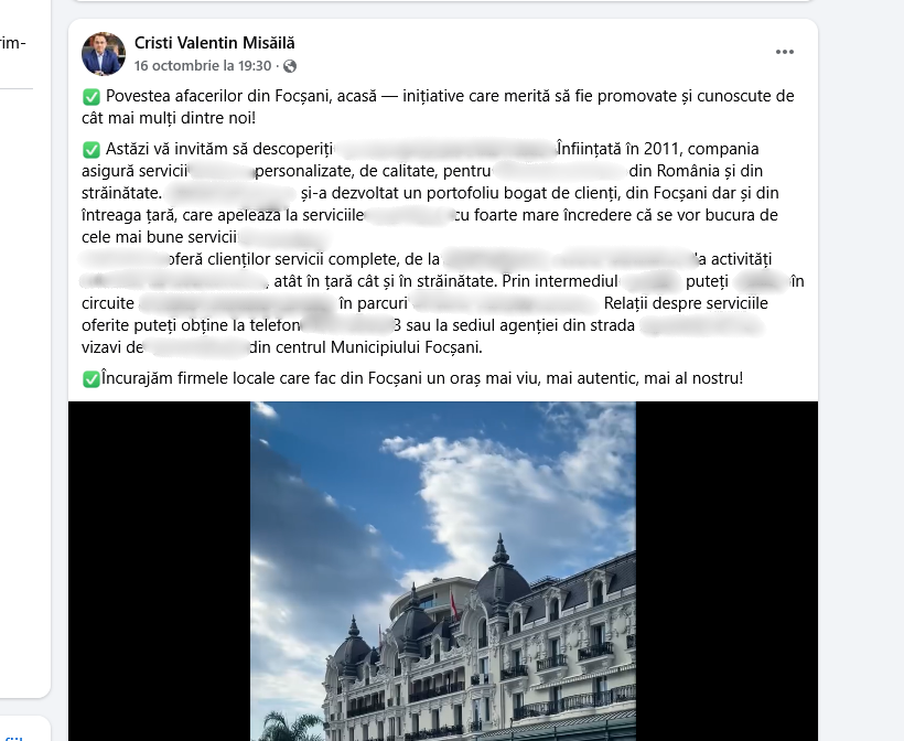 Conflict de interese? Primăria Focșani și Consiliul Județean Vrancea folosesc resurse de la buget pentru a face reclamă unor firme private.