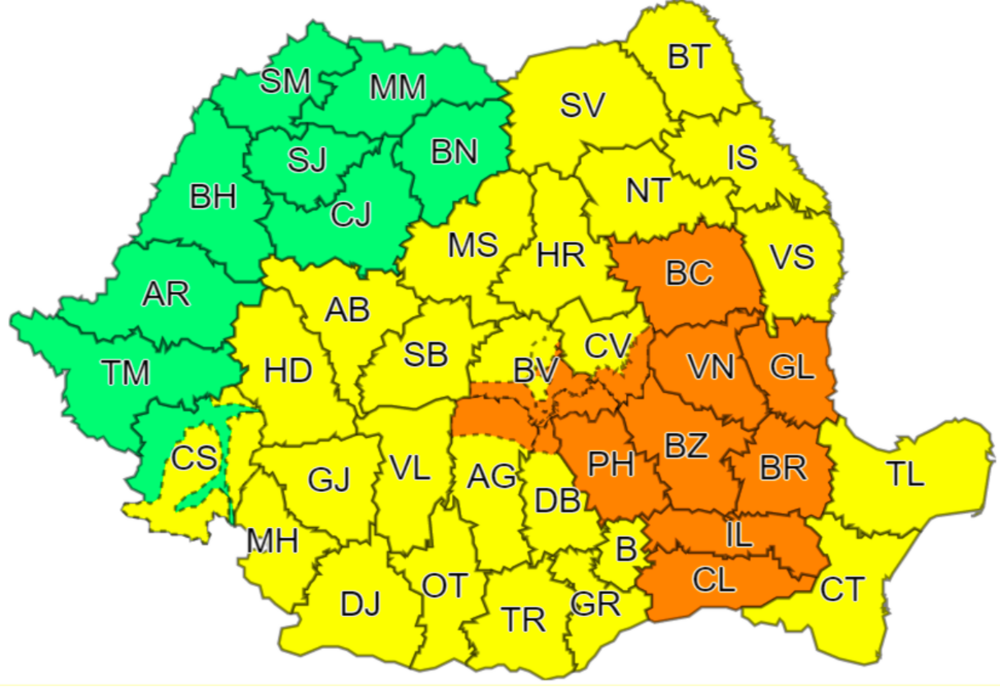 Cod galben și portocaliu de ploi însemnate cantitativ